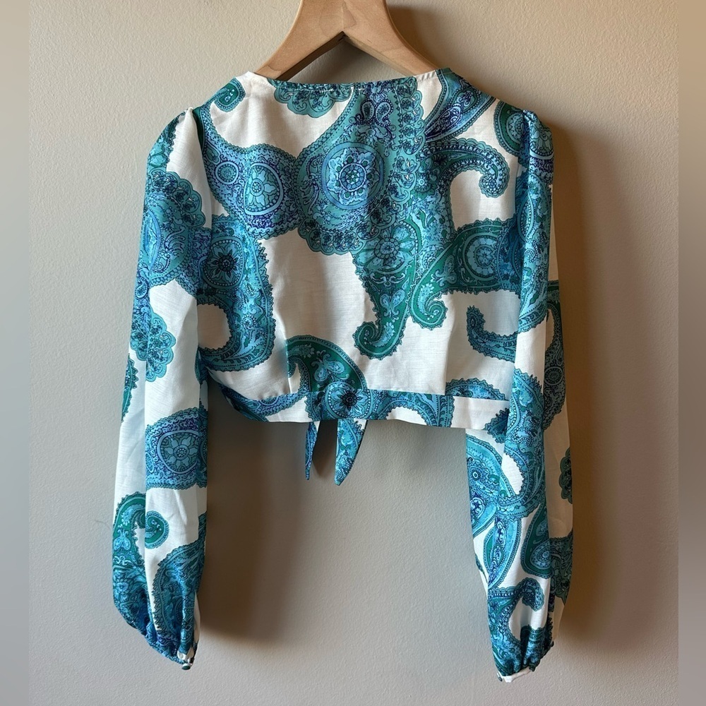 Luxxel Teal and White Paisley Tie-Front Blouse - Picture 2 of 6